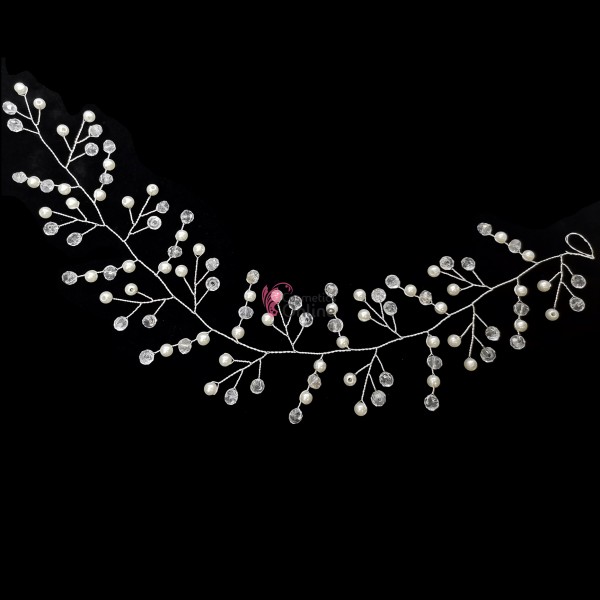 Accesoriu modern pentru decor par WED45KK Argintiu cu cristale si perle de 35cm